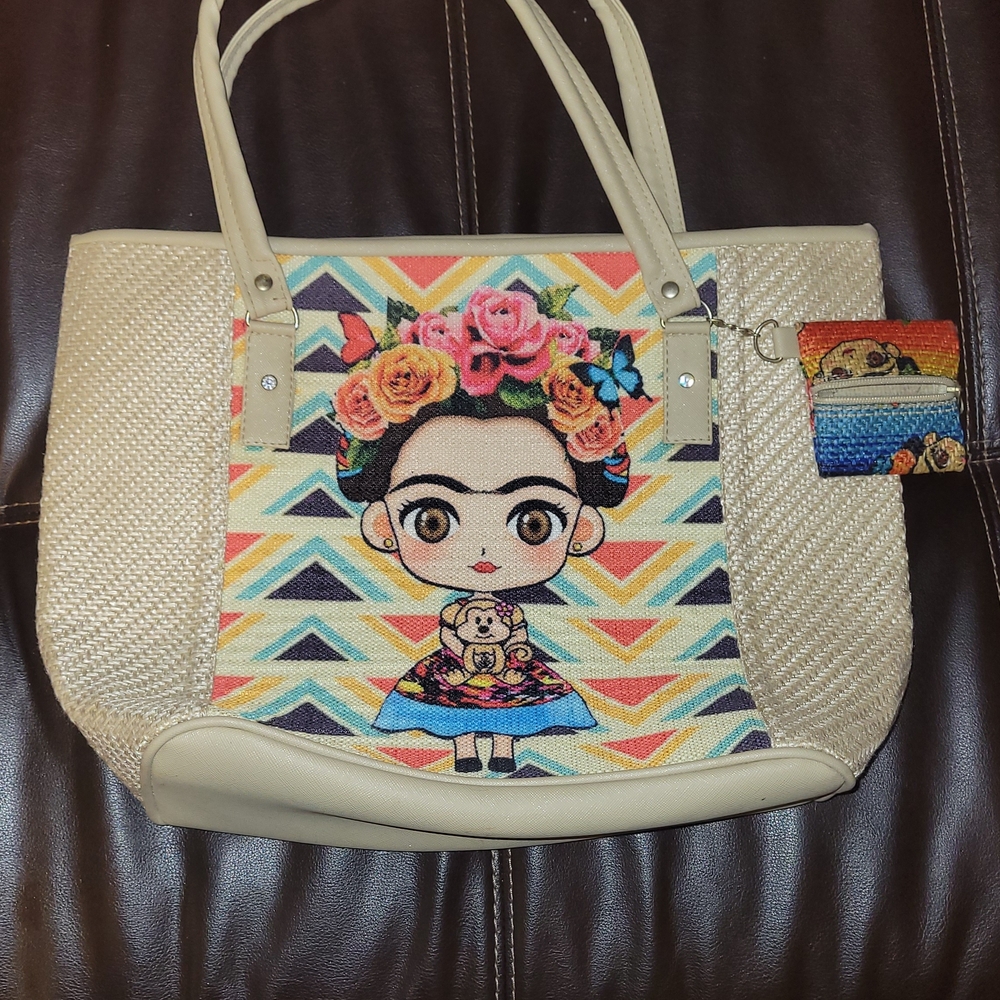 Beige Straw Tote Bag with Floral Character Print - Frida-Inspired